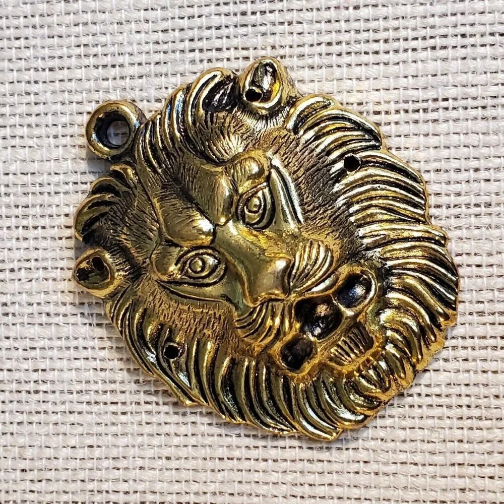 New Vintage 90s Roaring Lion 55x45mm Antique Gold Alloy Metal Statement Pendant